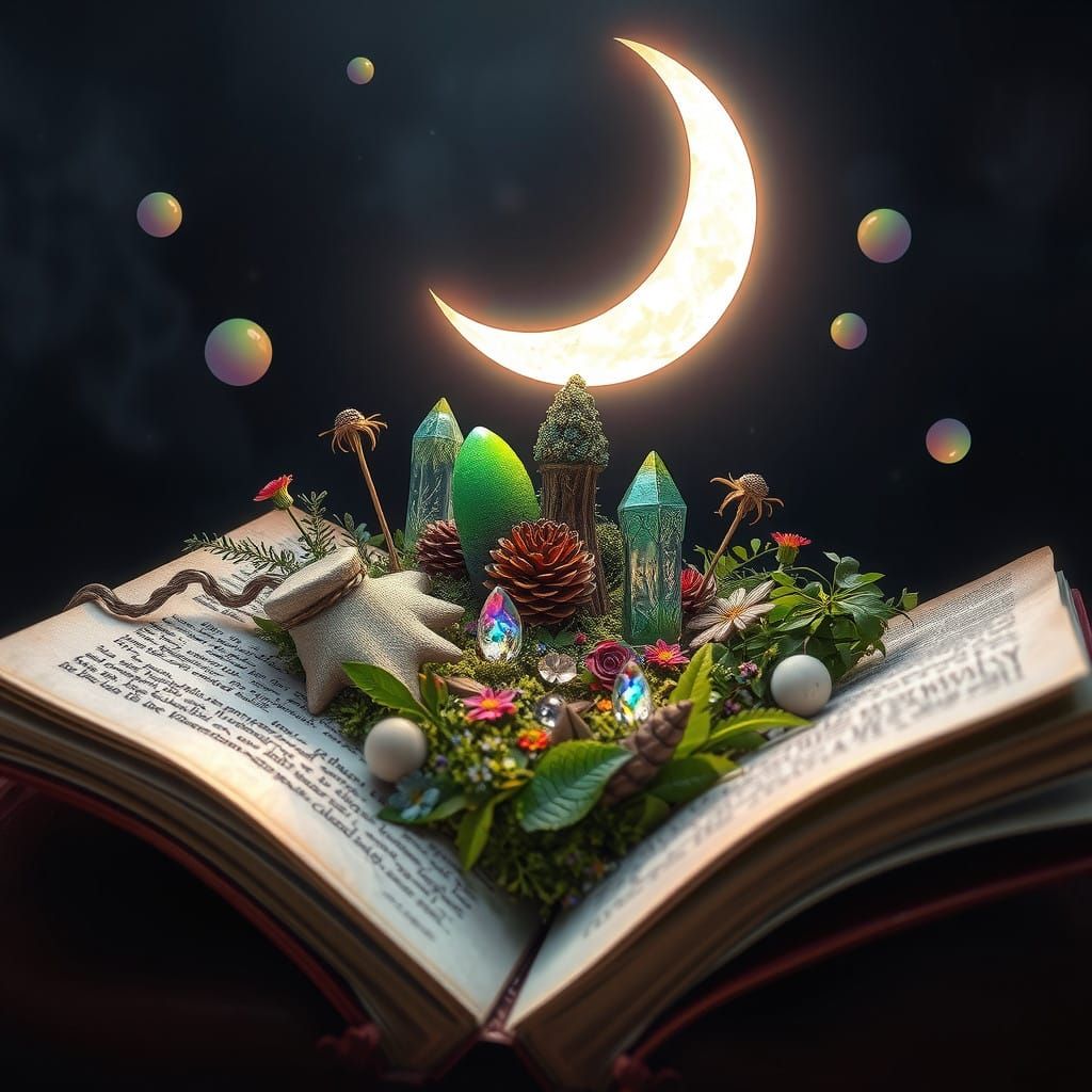 Glowing Crescent Moon Sails Above a Miniature Garden
