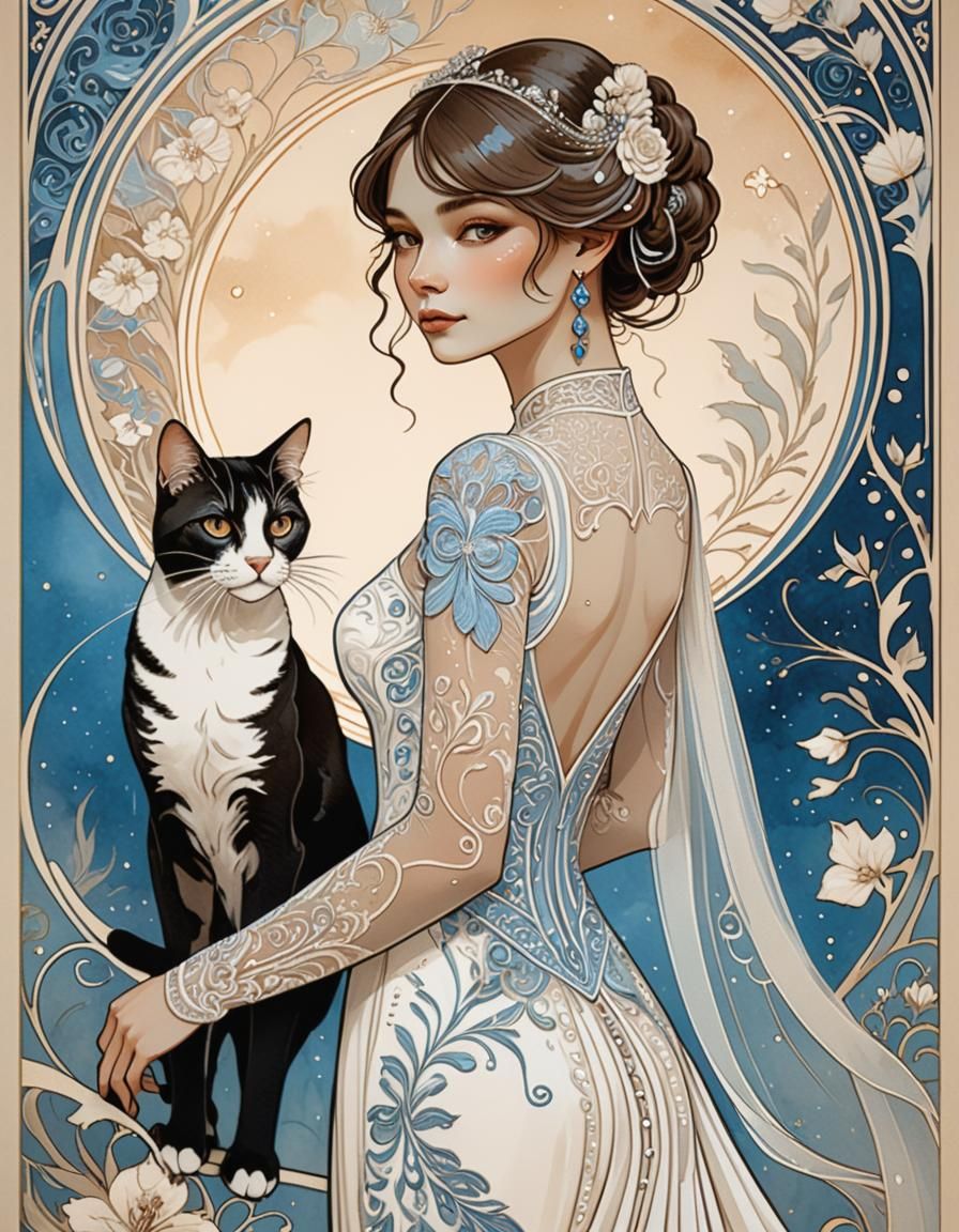Elegant Feline Bride in Art Nouveau Ink Illustration