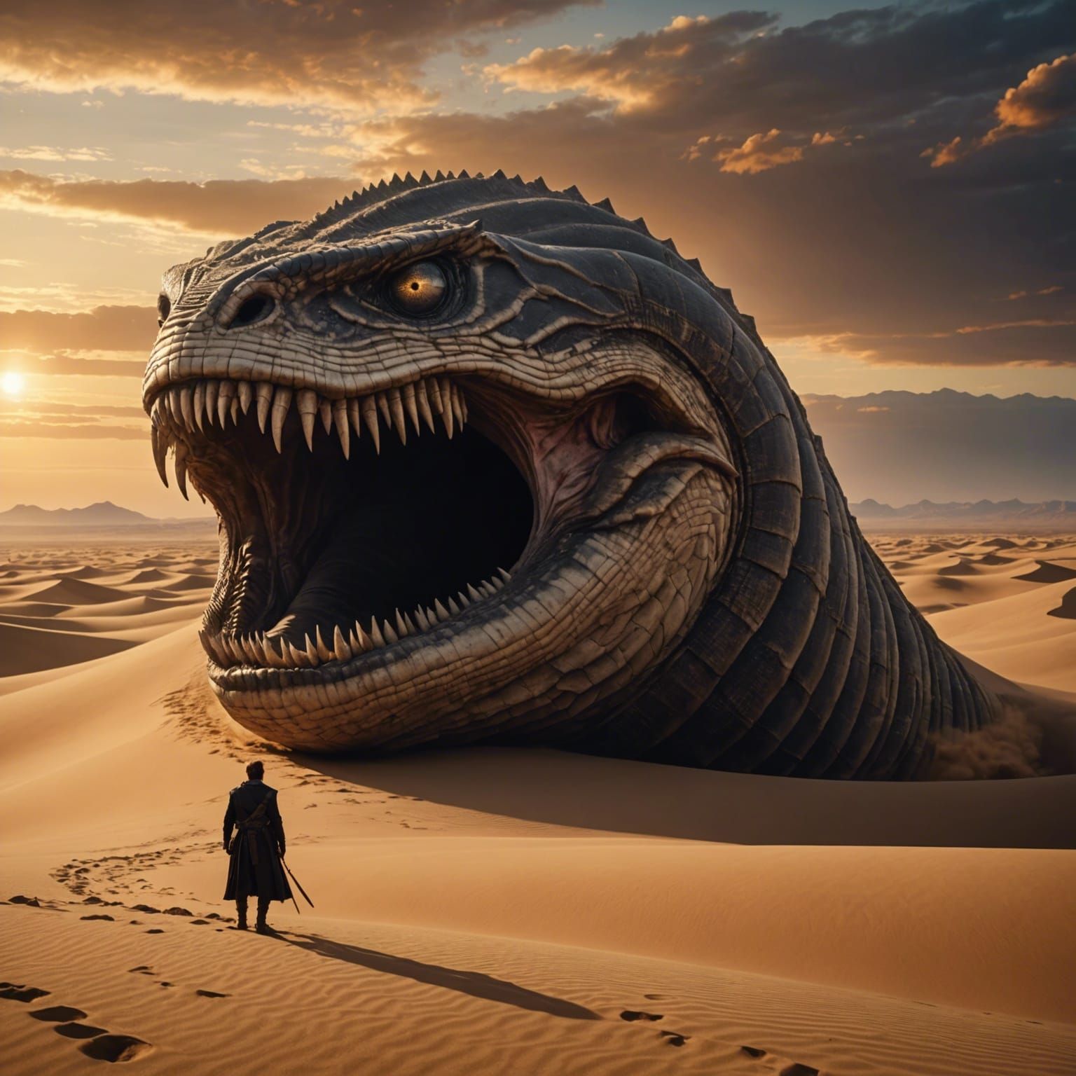 Giant Sandworm in Dune Desert at Sundown