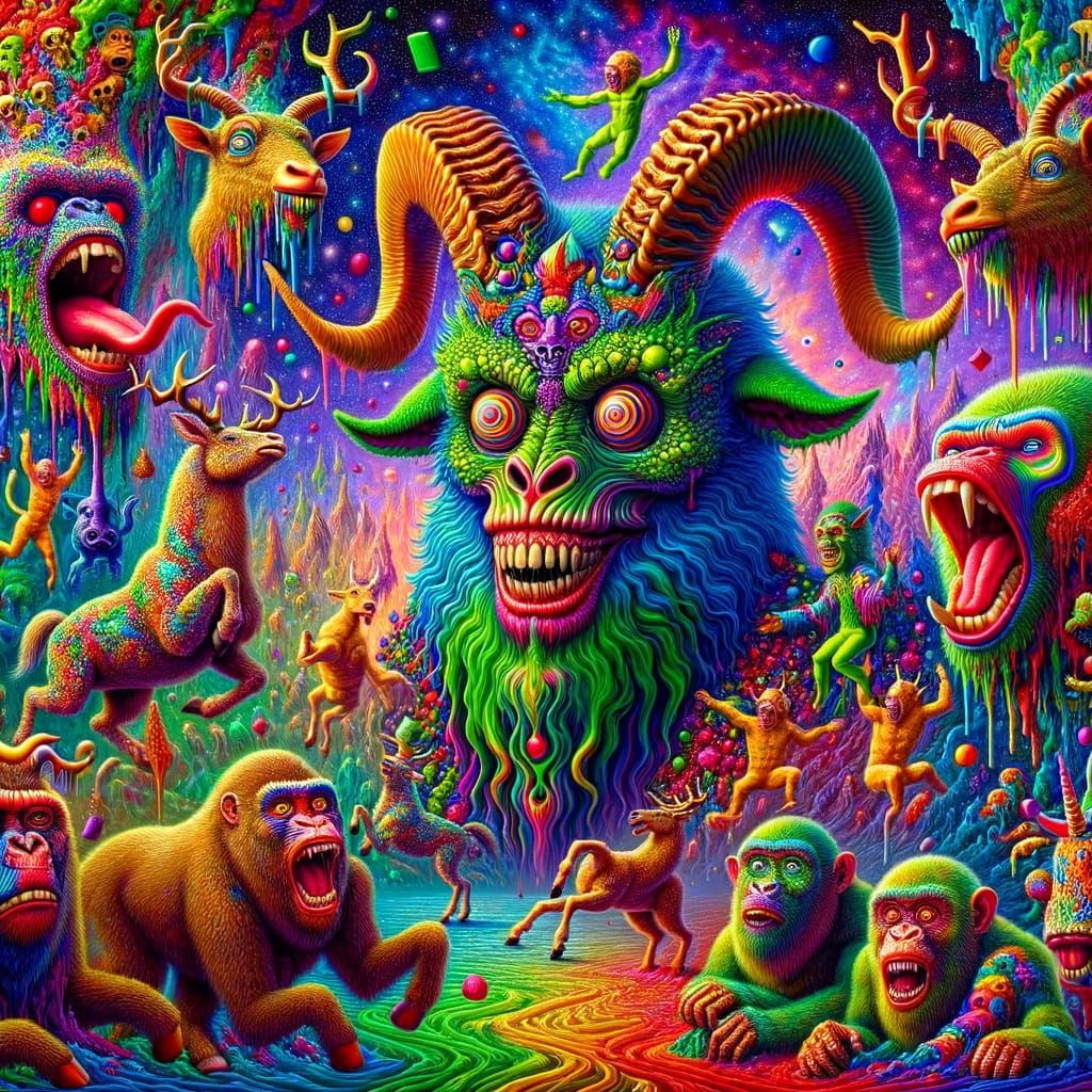 Psychedelic Cosmic Wizard with Melting Candy Apes