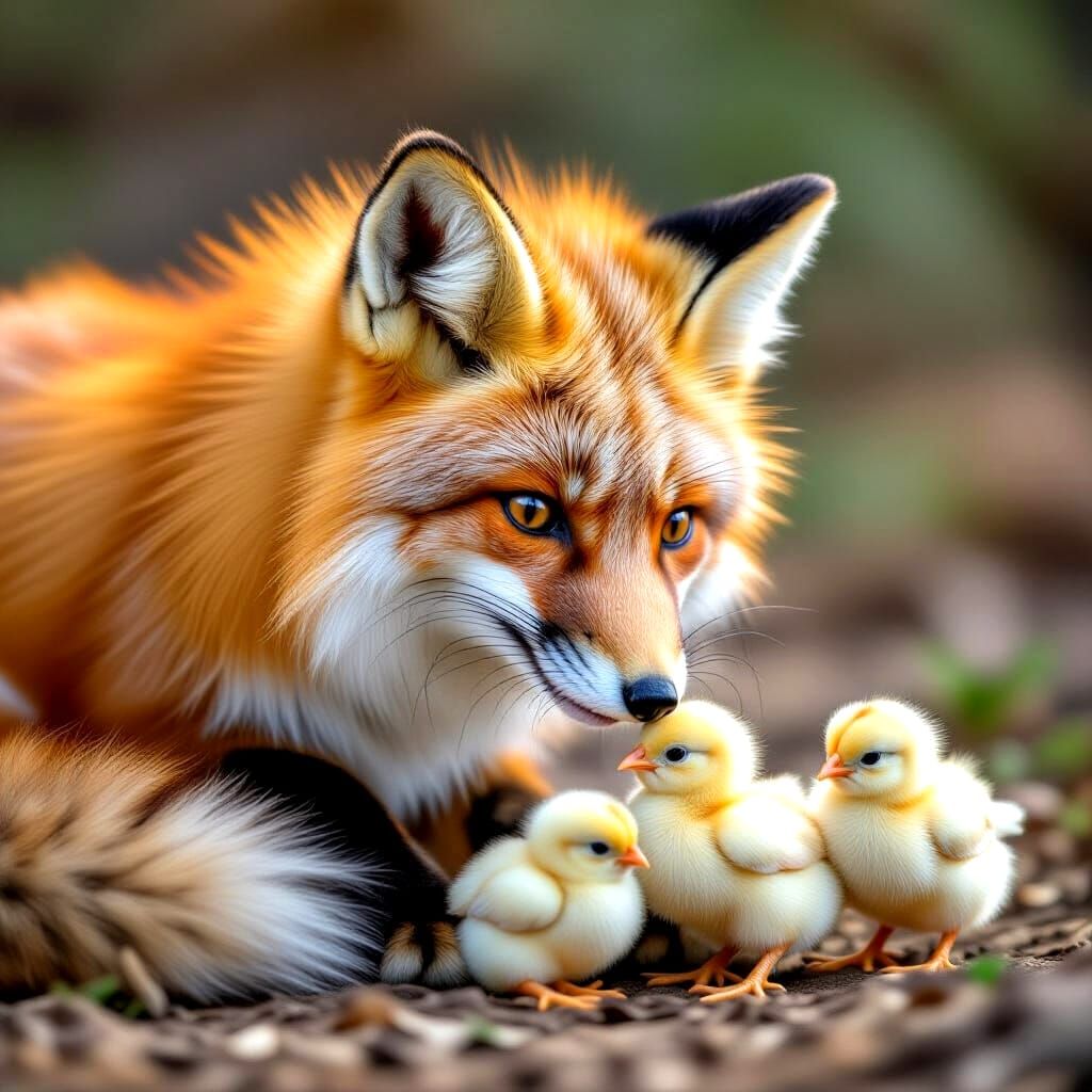 Fluffy Red Fox Playing with Chicks