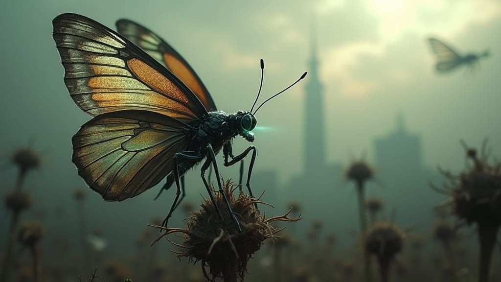 Cybernetic Butterfly on a Wilted Flower, Dystopian Cityscape