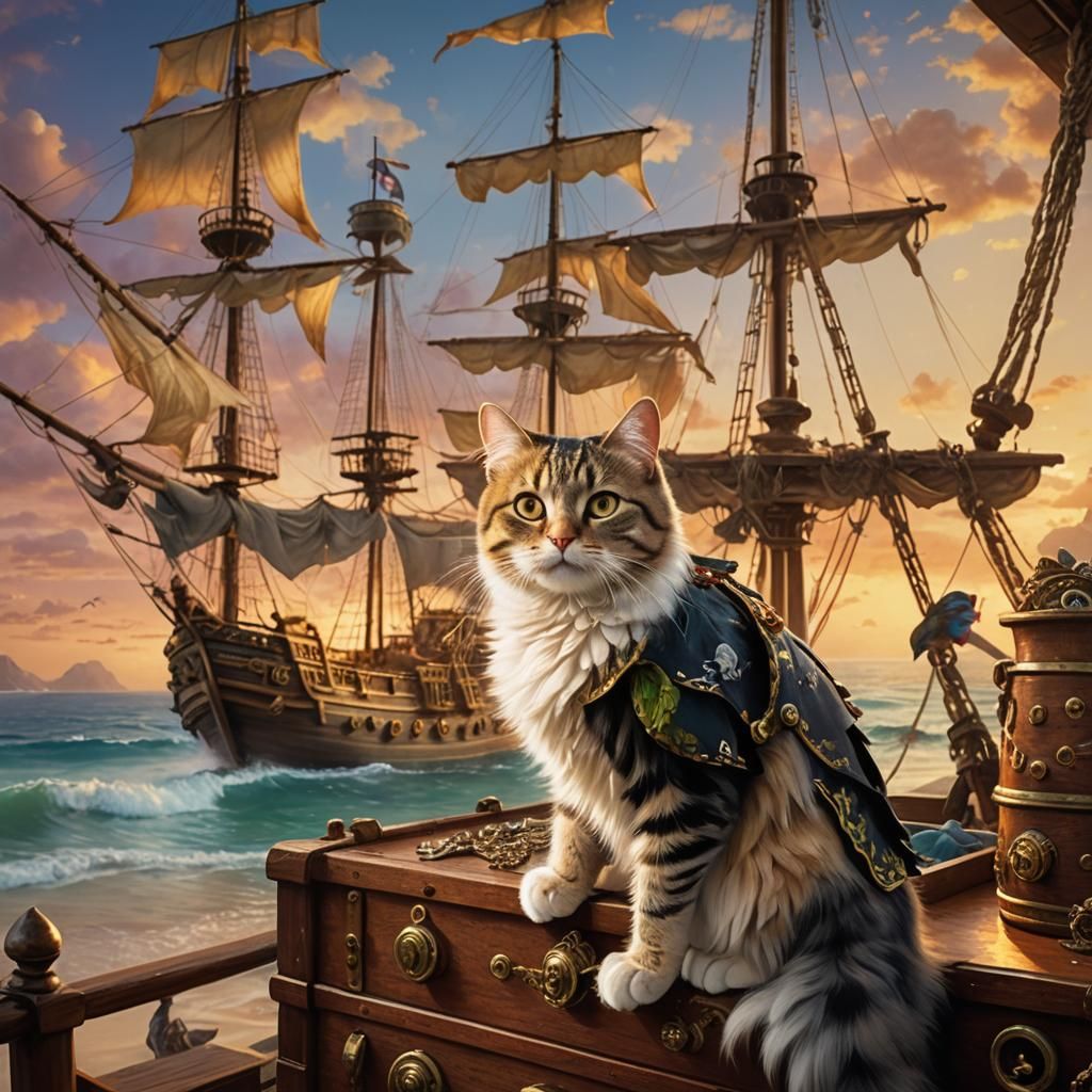 Pirate Cat on Tropical Beach in Magical Realism