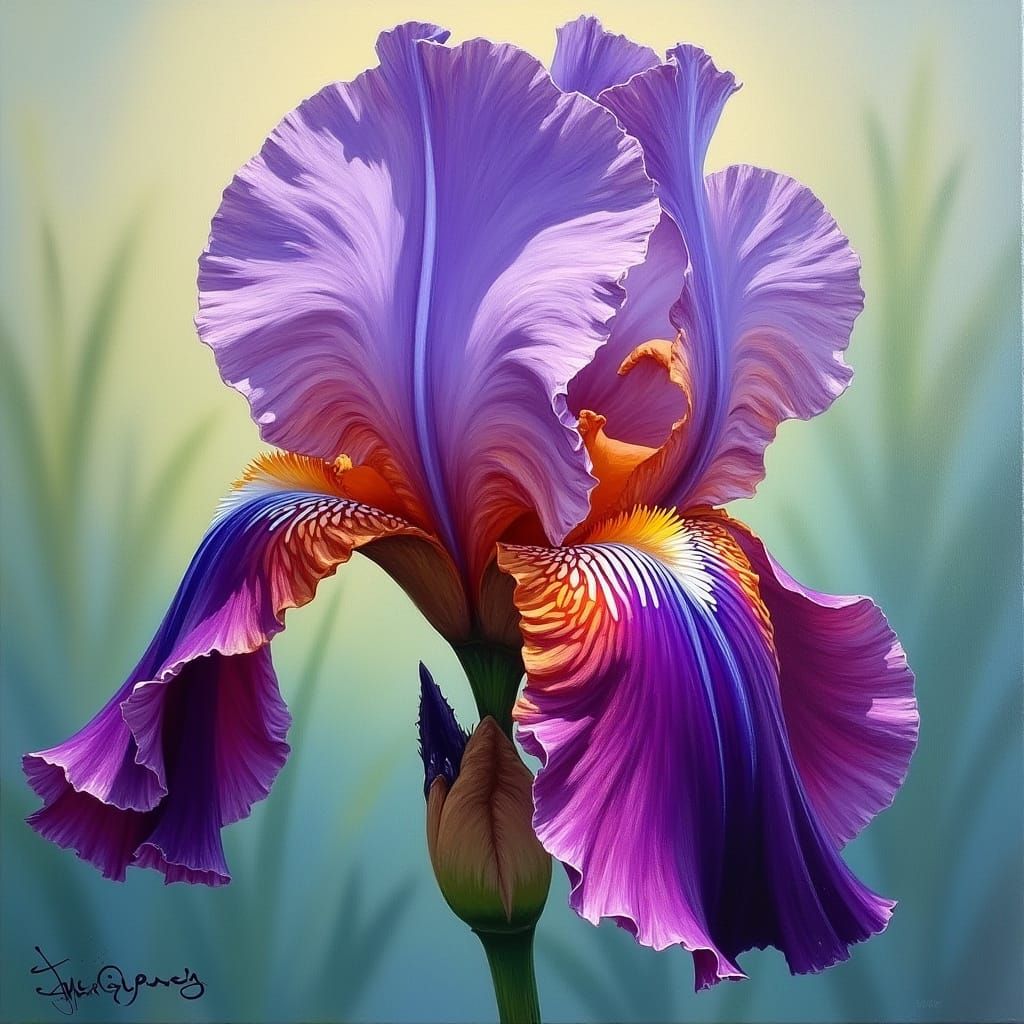 Vibrant Oil Painting of a Bearded Iris
