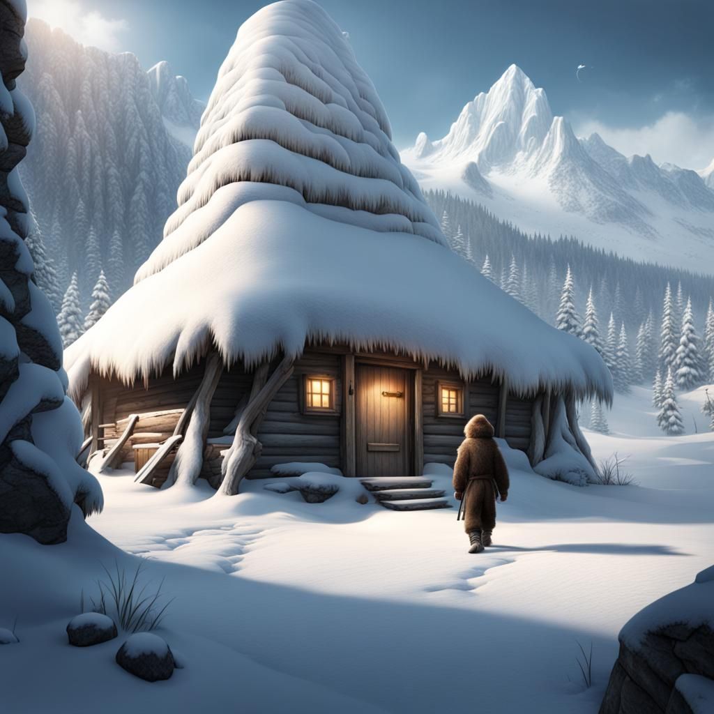 Boy and Yeti at Snowy Hut Door