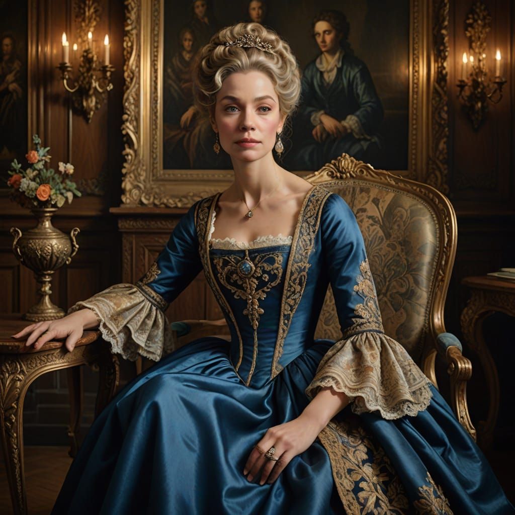 Elegant Woman in 18th Century Blue Satin Gown