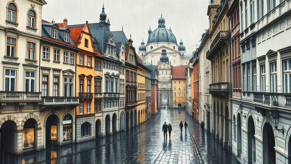 Surreal Gouache Masterpiece of Prague's Historic Architectur...
