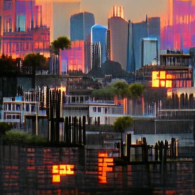 City Skyline Reflected at Sunset