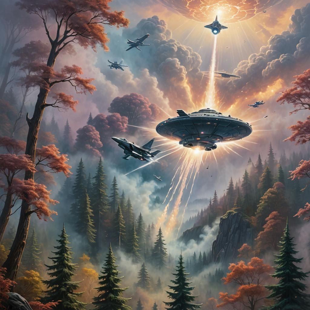 UFO and Jet Fighter in Ethereal Landscape