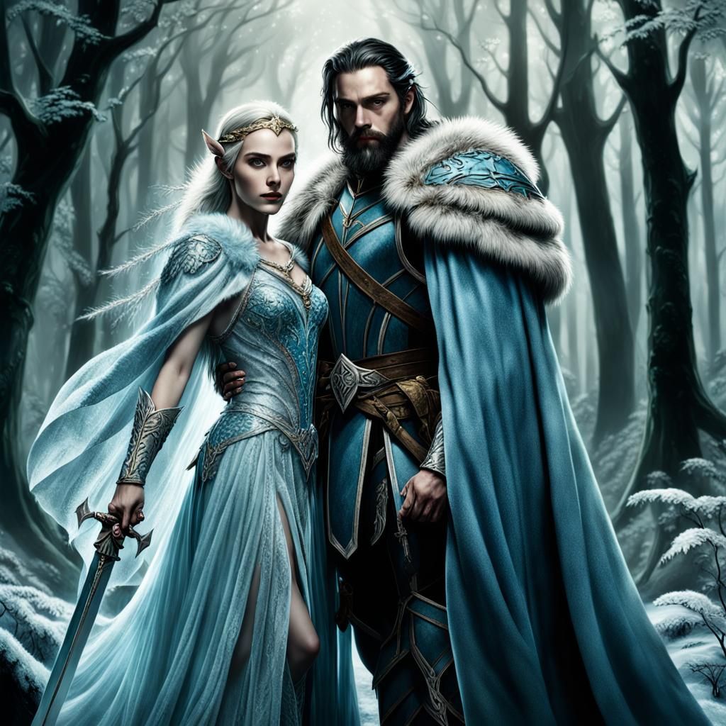 Fantasy Warrior and Elf Lovers in Dark Forest