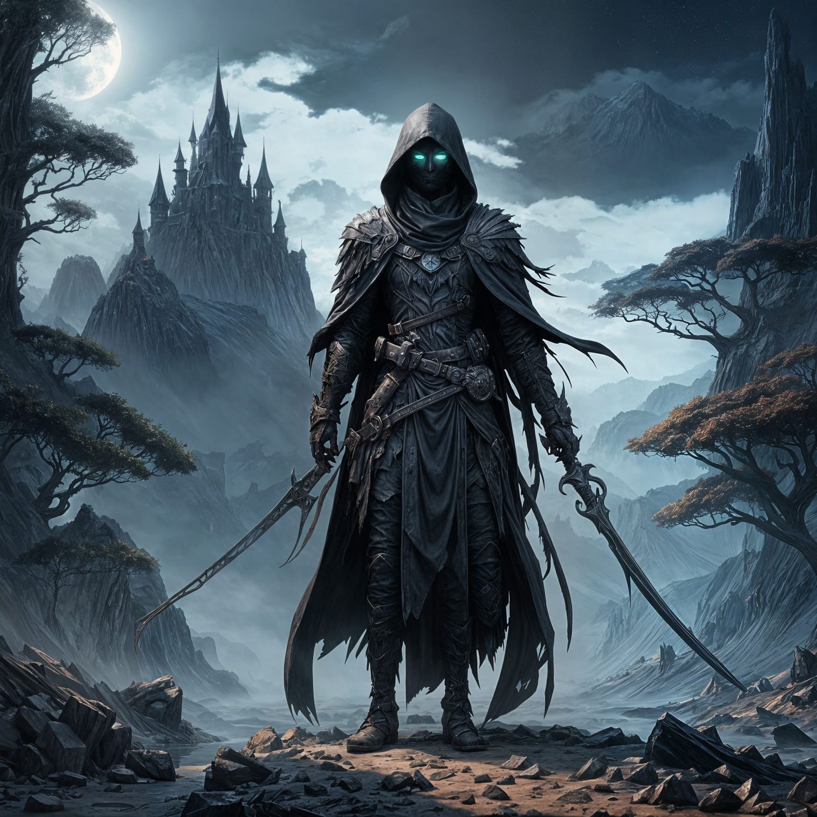 Dark Fantasy Assassin Stands at the Edge of a Misty Abyss