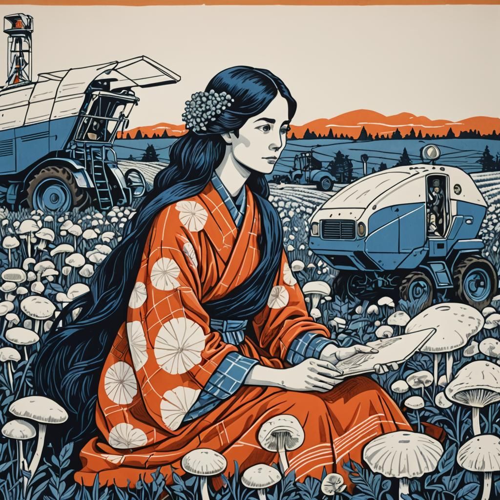 Activists Tending Mushrooms: Linocut Style