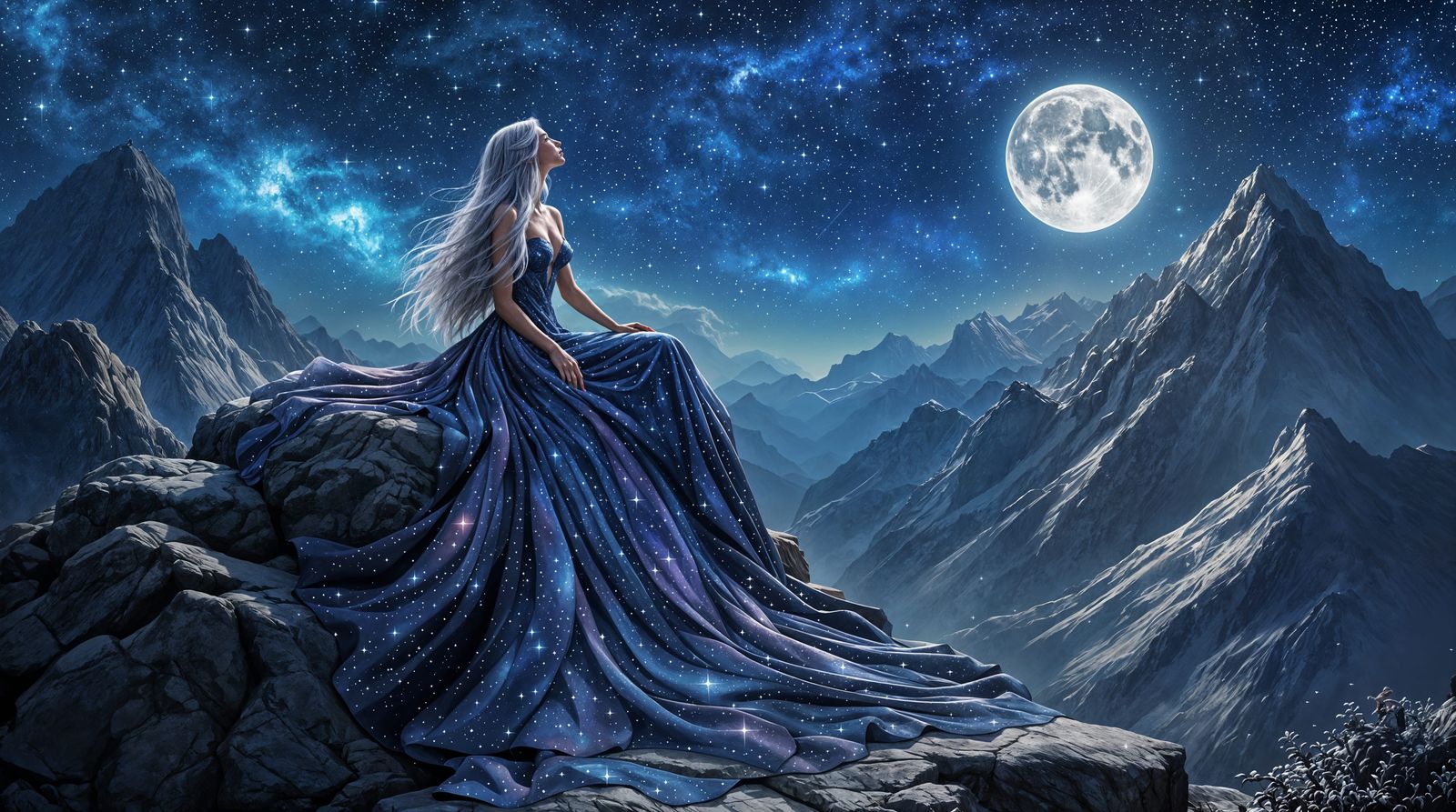 Serenely Elegant Starlit Goddess on Moonlit Peaks