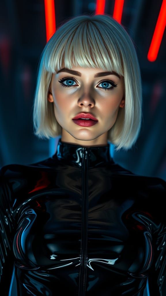 Glamorous Fashion Portrait in a Dark, Neon-Lit Setting