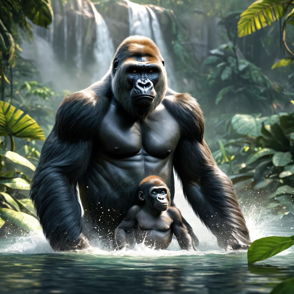 Silverback Gorilla and Baby in Jungle Illustration