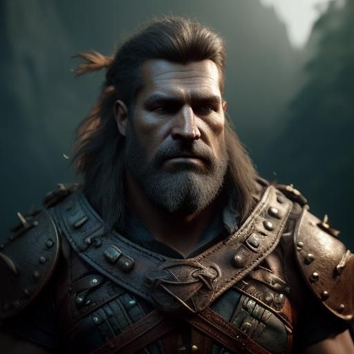 Barbarian Portrait with Axe in Fantasy Landscape