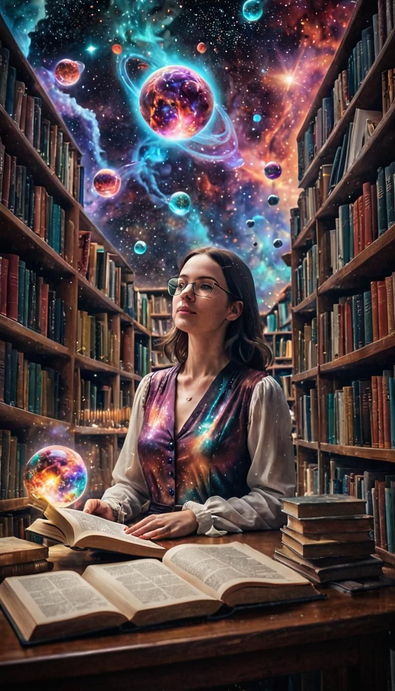 Celestial Librarian Guiding Beings in Surreal Cosmic Library