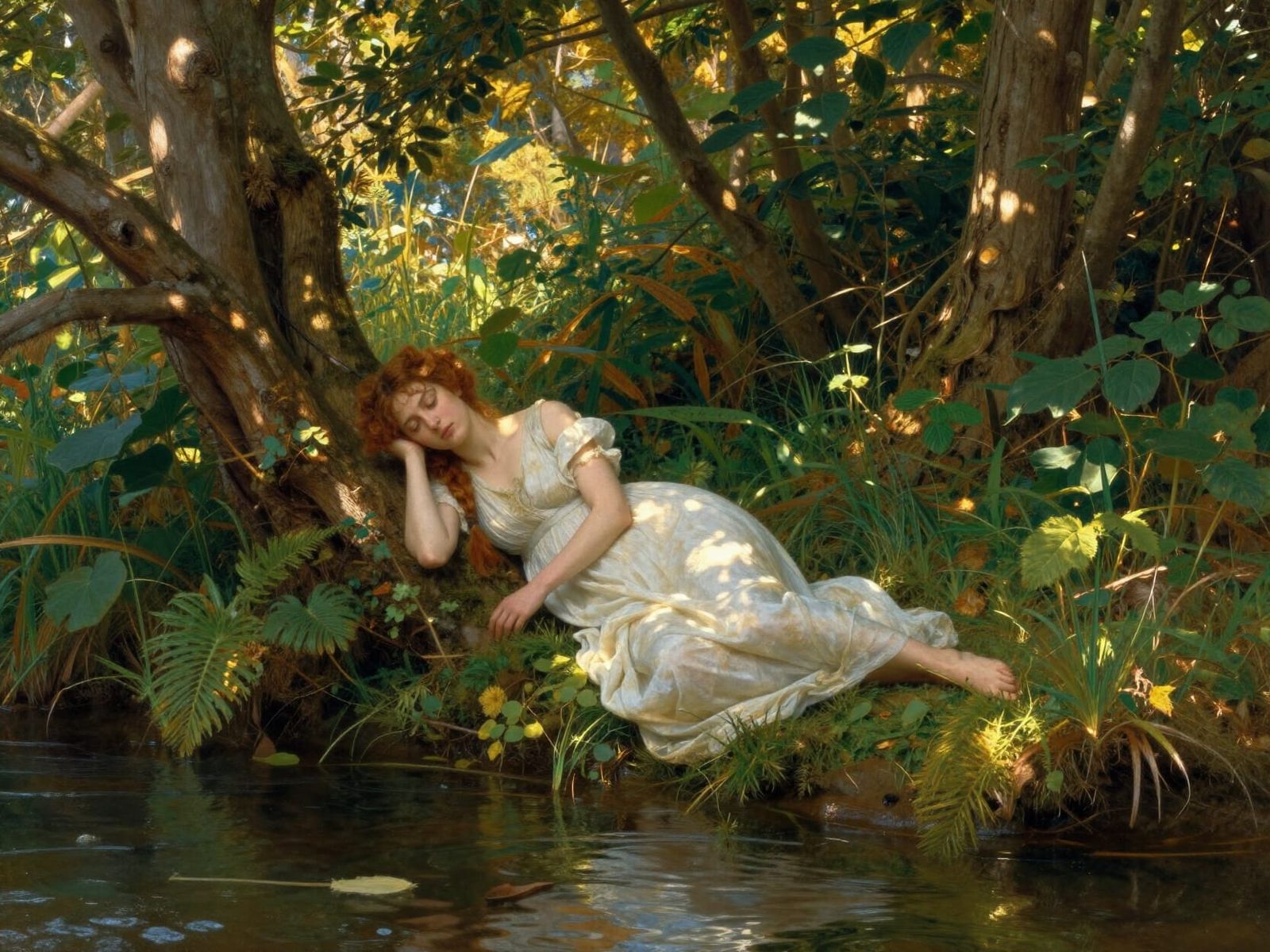 Ophelia's Tragic Repose in Pre-Raphaelite Style