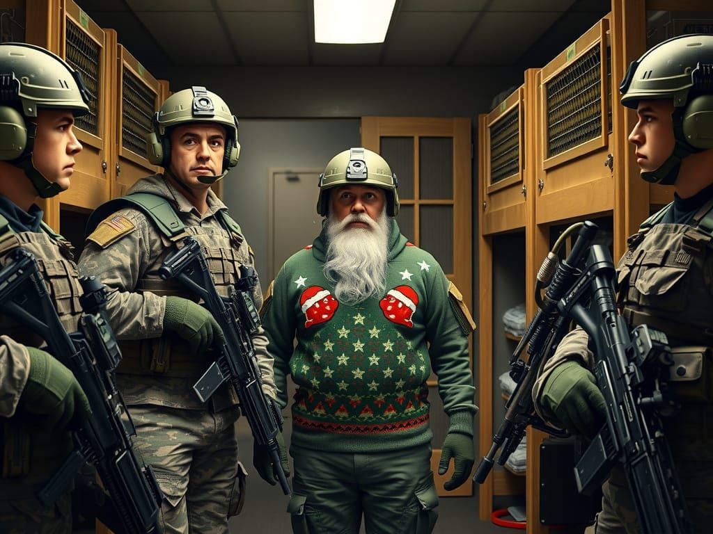 Soldiers in Barracks with Comedic Christmas Sweater