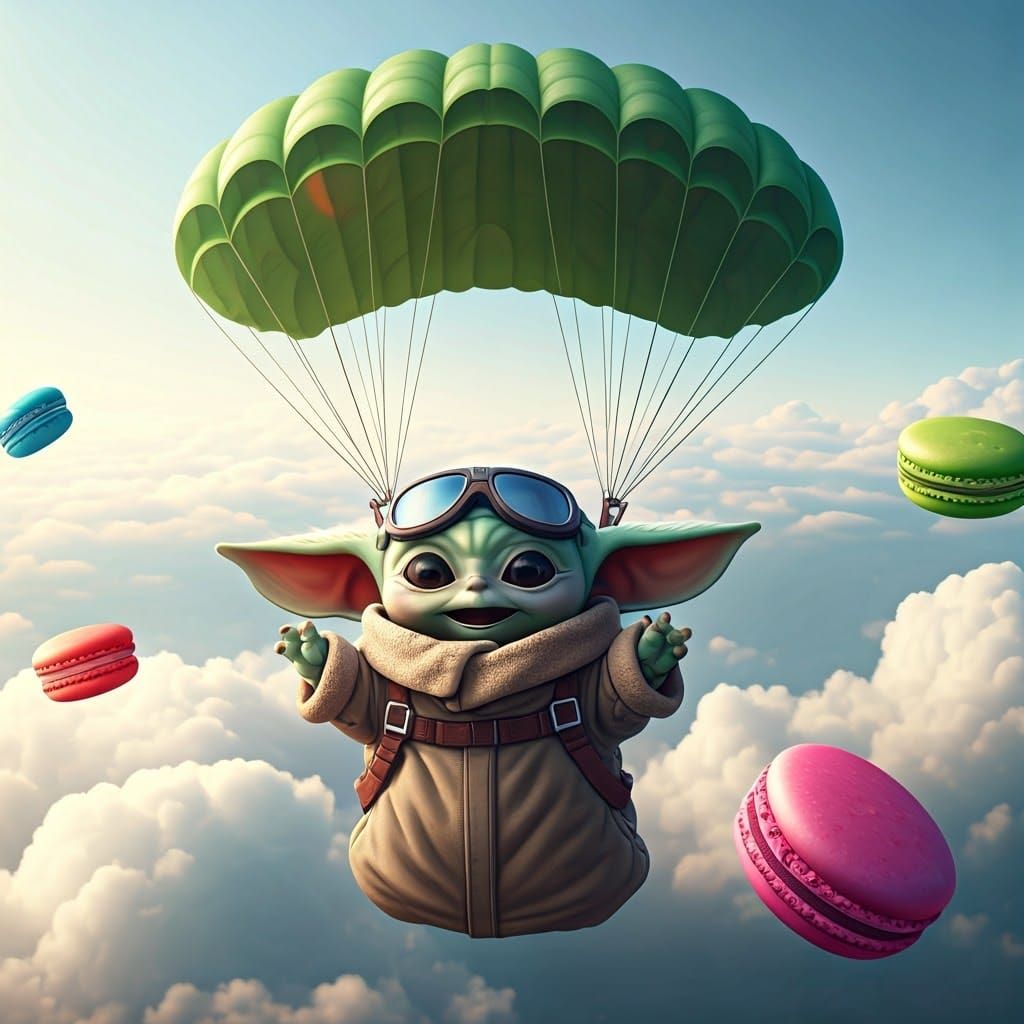 Grogu Skydiving for Macarons in Photorealistic Style