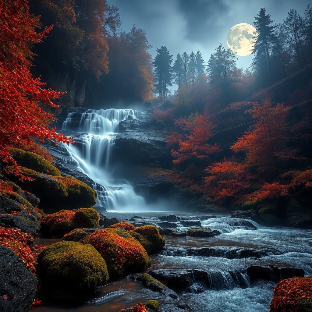 Moonlit Waterfall in Autumn Forest