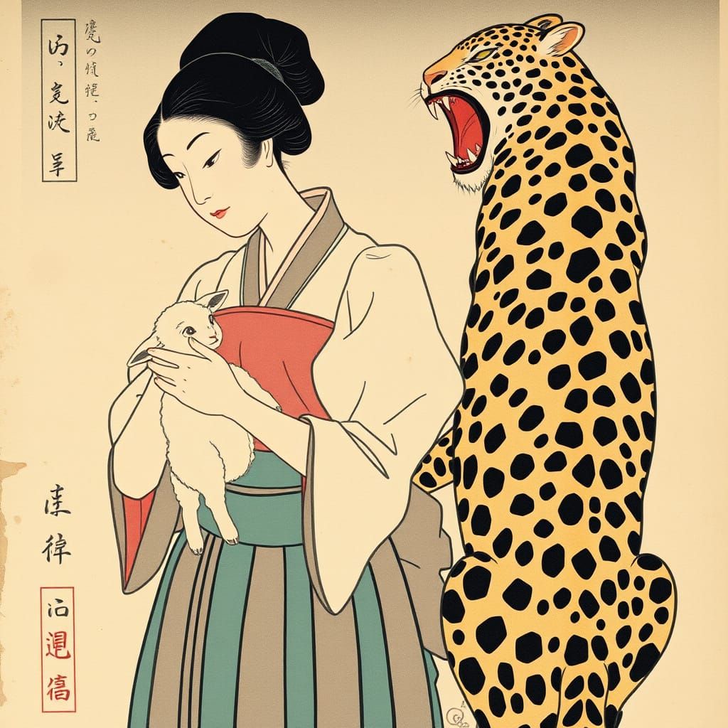 Edo Ukiyo-e Print: Woman, Lamb, and Snarling Leopard