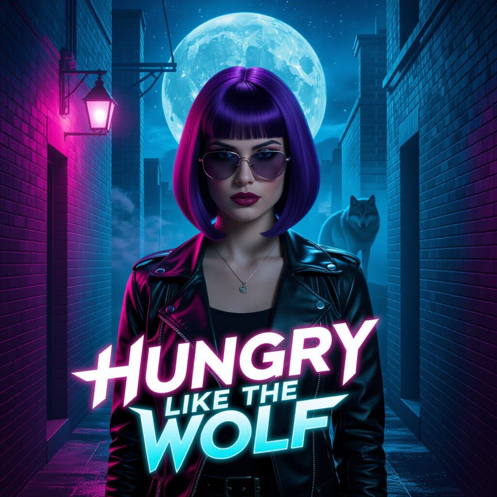 80s Synthwave Poster: Woman and Wolf in Neon Alley