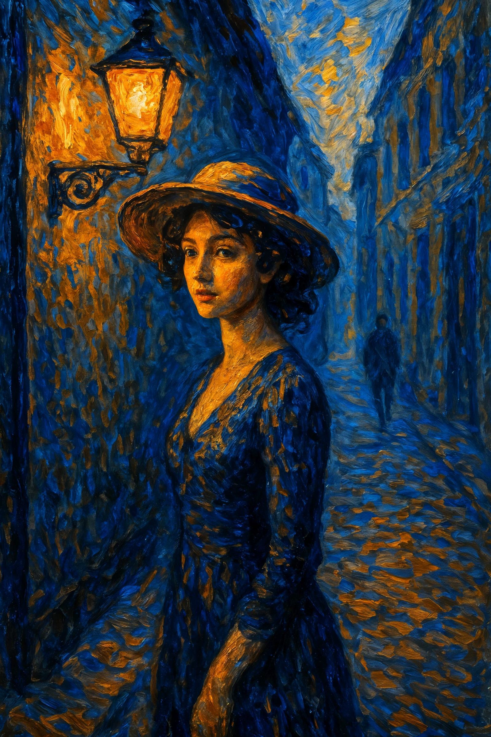 Woman in Alleyway at Dusk as Impasto Painting