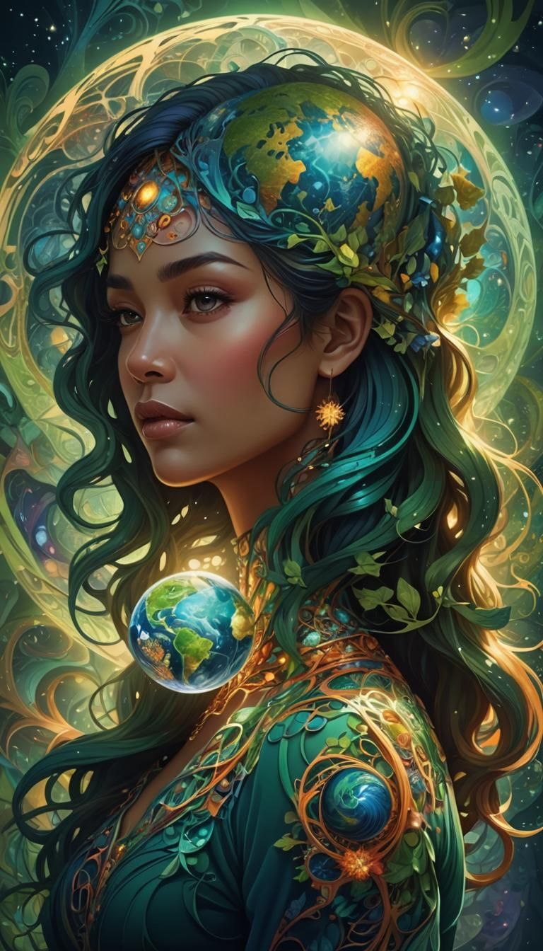 Woman Embracing Earth in Abstract Fractal Art