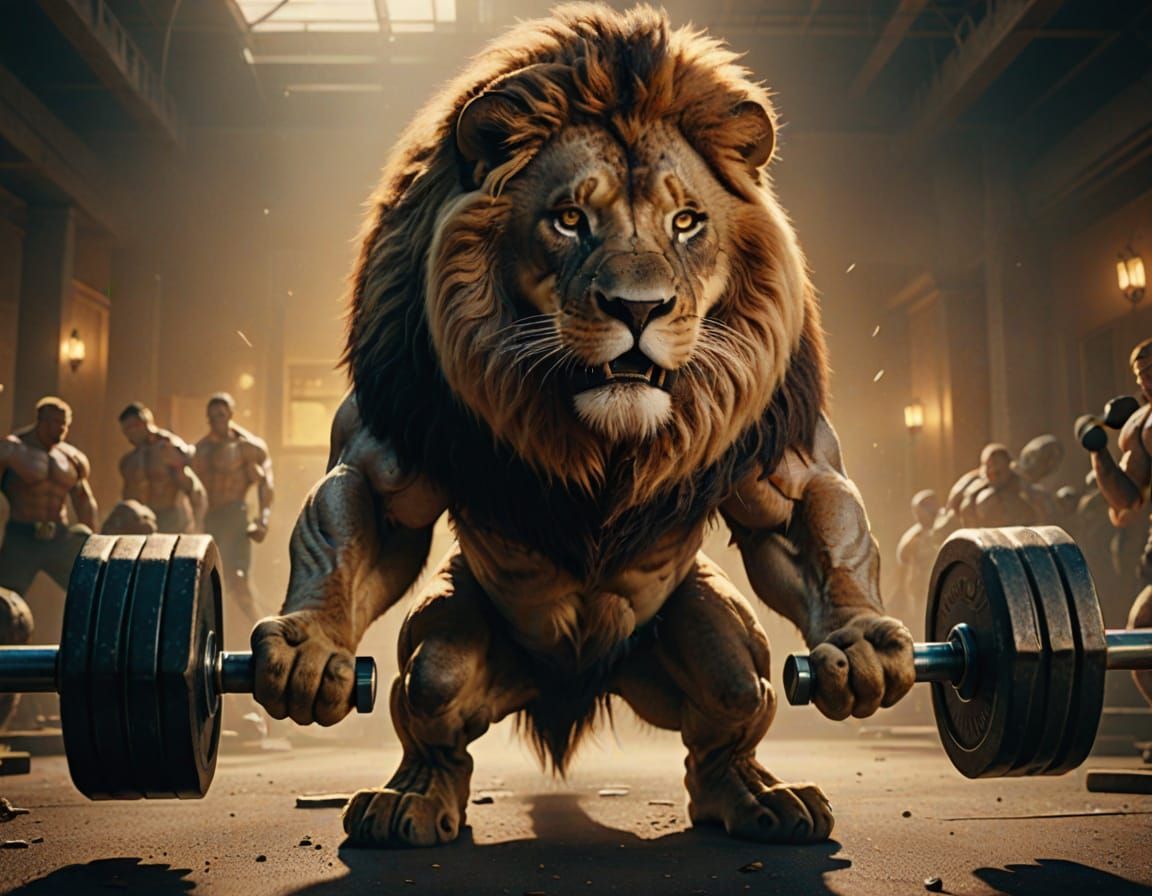 Lion Lifting Weights: Cinematic Digital Painting