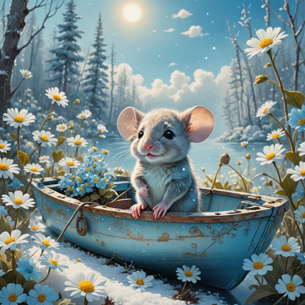 Mouse on a boat in a snowy forest