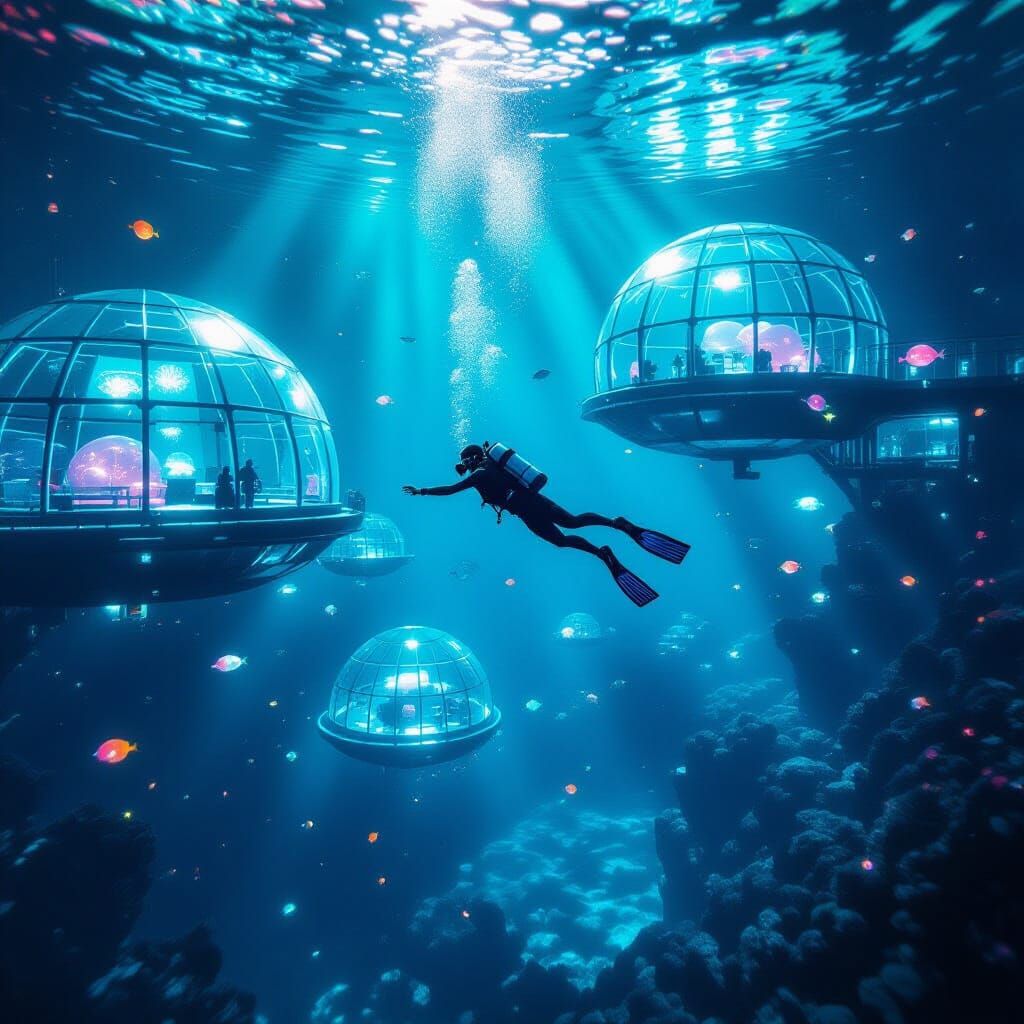 Underwater City of Glass Domes with Diver