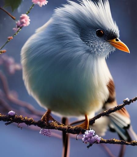 Fluffy Bird Portrait in Dark Floral Forest, 3D Render