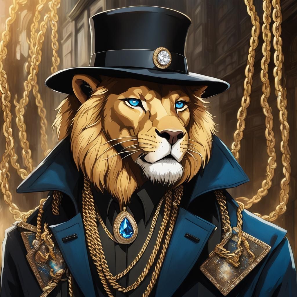 Anthropomorphic Lion with Gold Chains and Cane