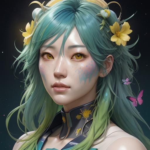 Korean Girl in Space with Flowers and Butterflies
