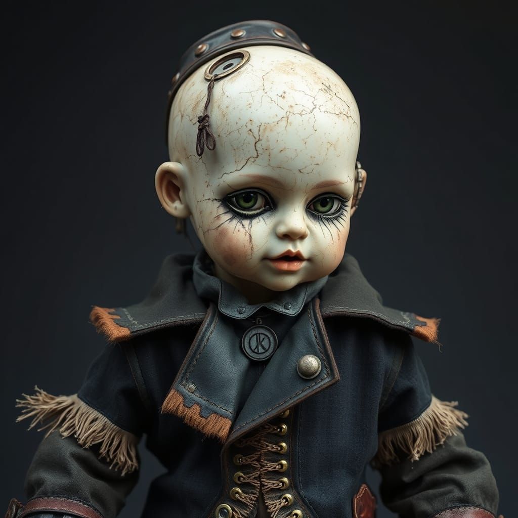 Weathered Doll with Robotic Augmentations in Dystopian Futur...