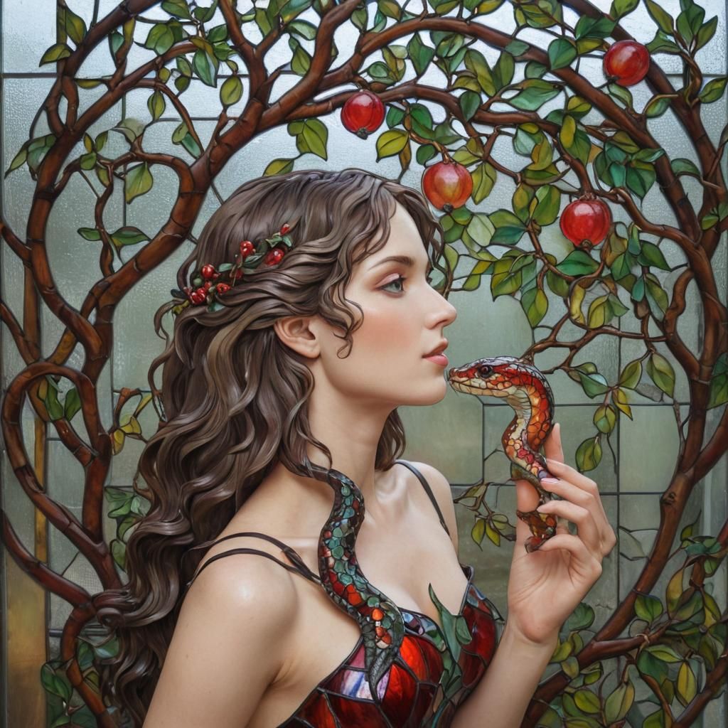 Stained Glass Window of Snake, Pomegranate, and Woman