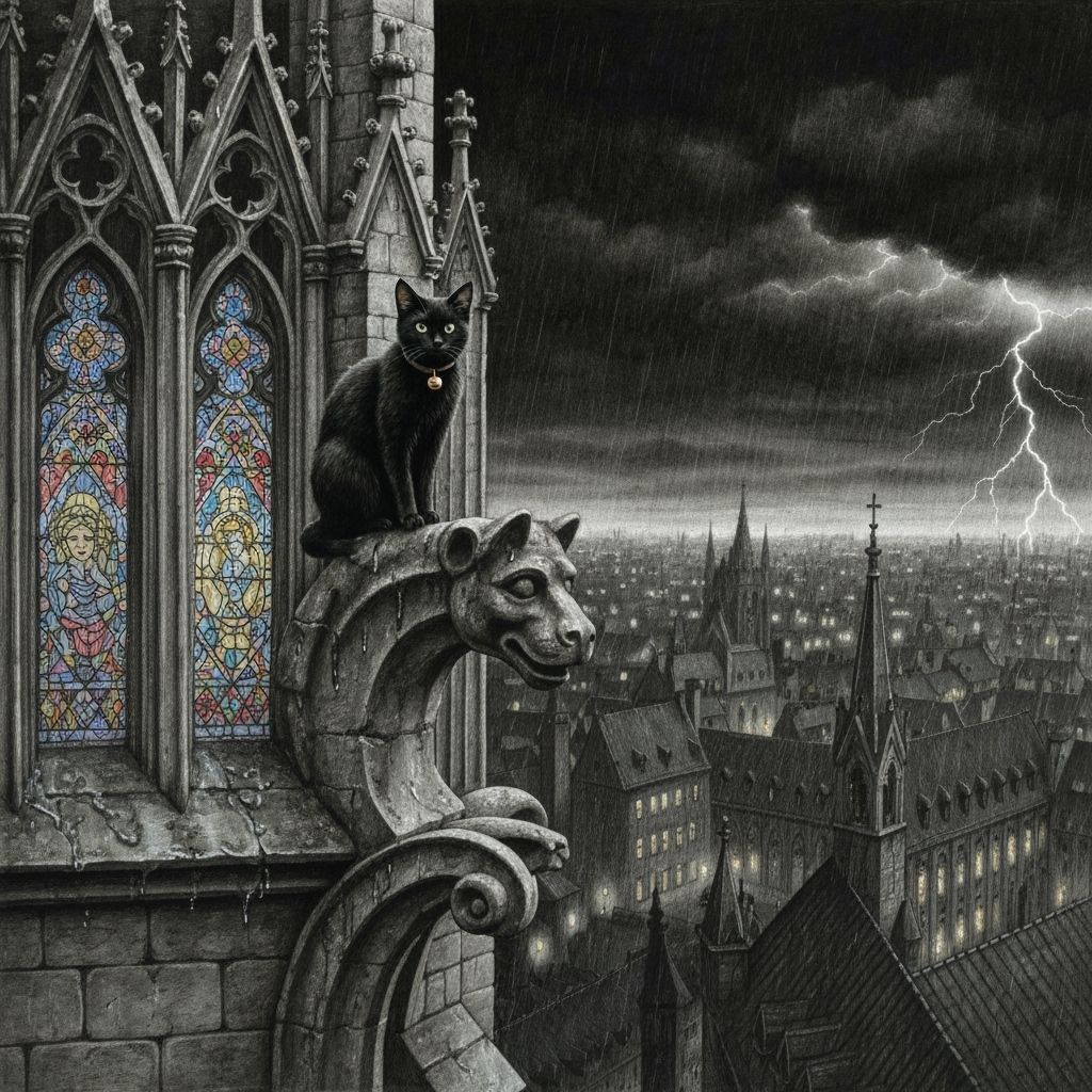 Black Cat on Gothic Gargoyle in Charcoal Style