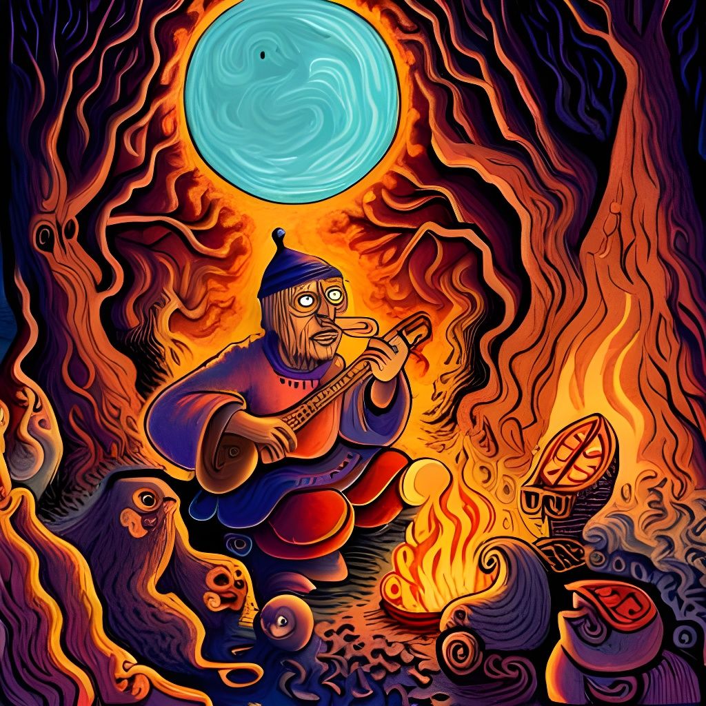 Finnish Shaman Plays Kantele by Bonfire