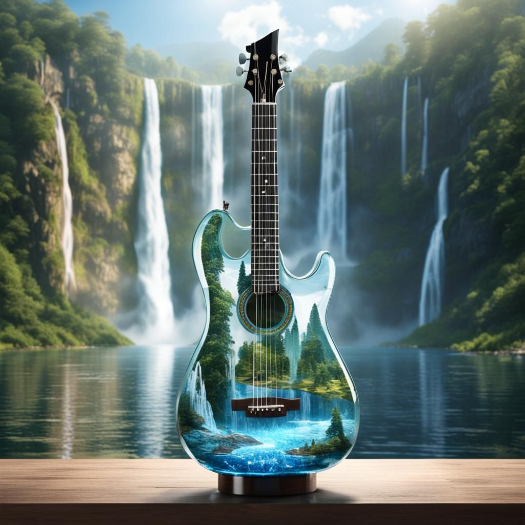 Glass Guitar with River Inside and Waterfall