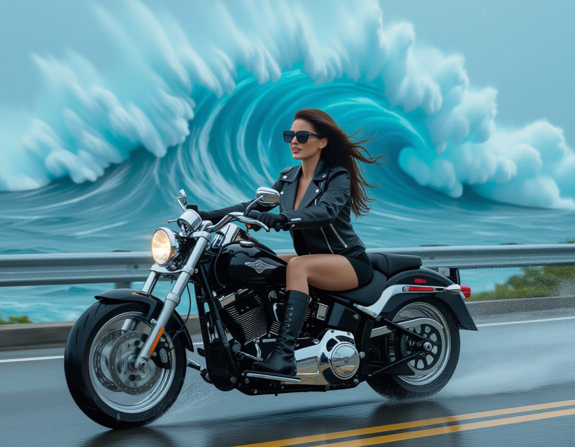 Brunette Woman Rides Motorcycle Beside Stormy Sea