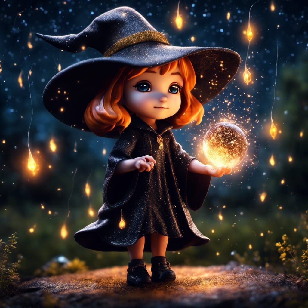 Chibi Witch casting spell ,milkyway ,fireflies , glitter .su...