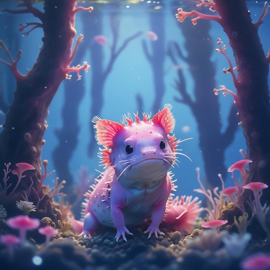 Cute Pink Axolotl in Aquarium, Watercolor Style