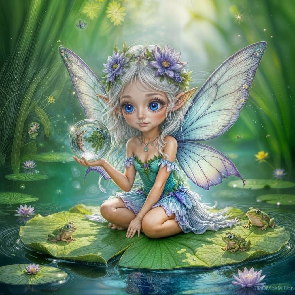 Fairy on Water Lily Pad with Fish and Frogs