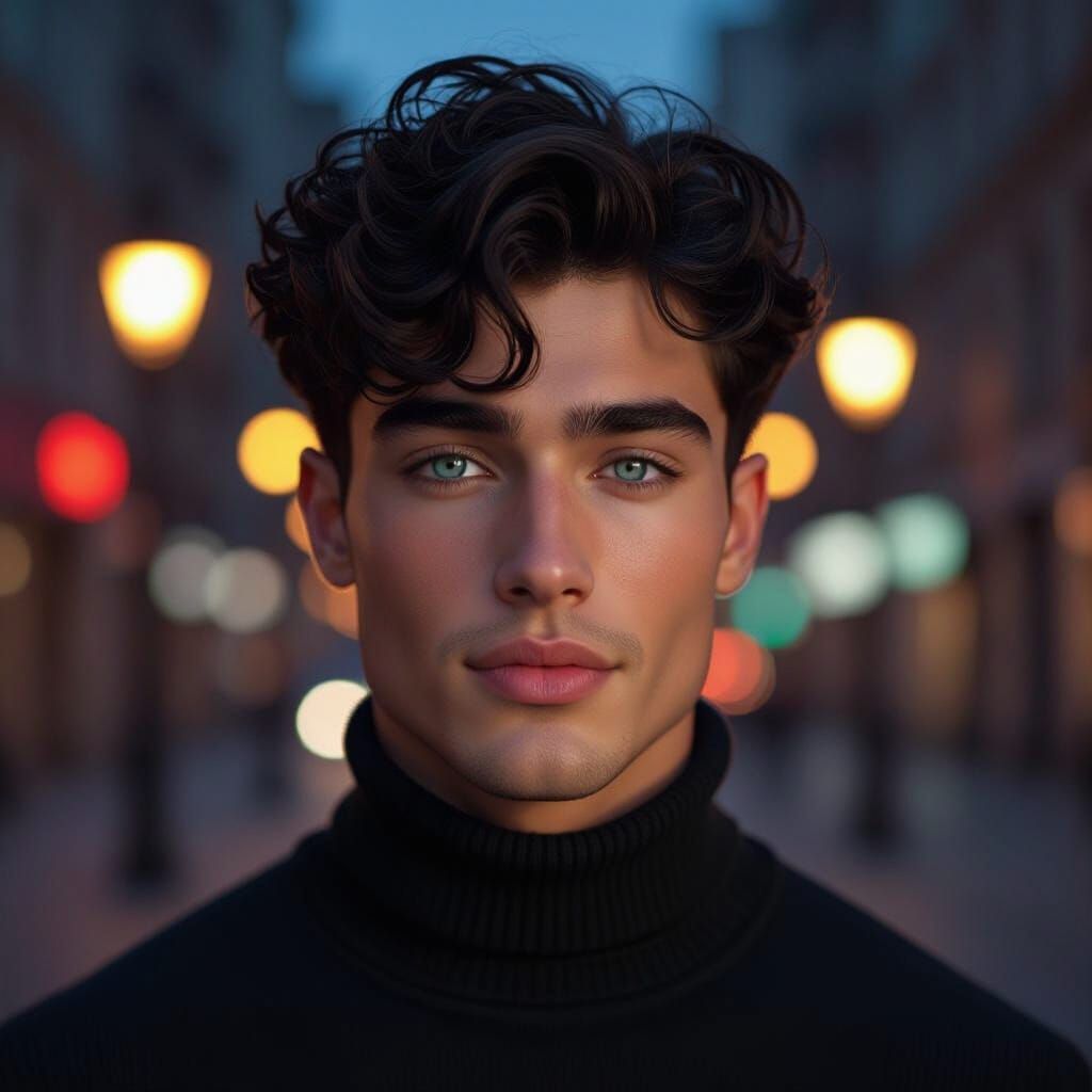 Young Man with Blue Eyes in Dramatic City Lighting