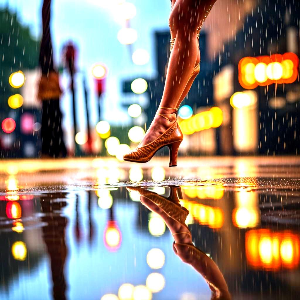 Dancer's Reflection in Rainy Puddle