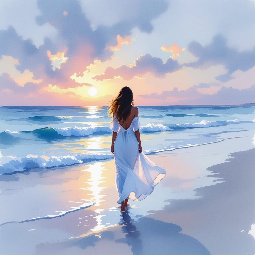 Twilight Beach Scene as Dreamy Watercolor Painting