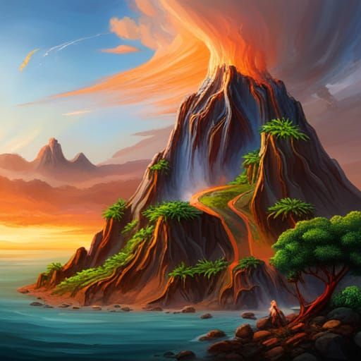 Volcano Landscape with Dinosaurs