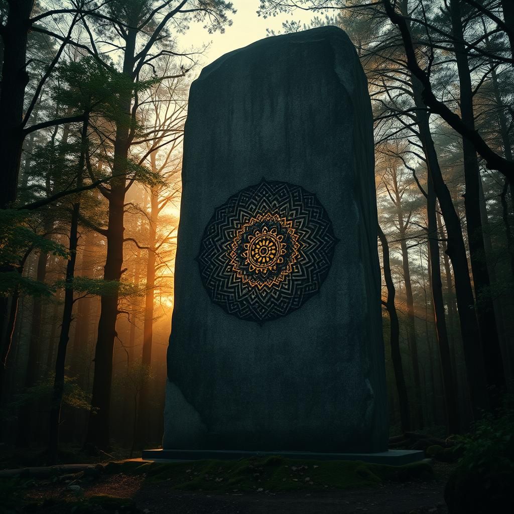 Mystical Forest Monolith with Mandala Carvings