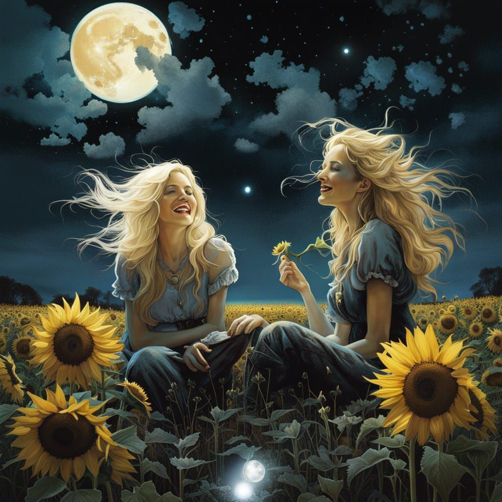 Women in Sunflower Field Under Moonlight, Fantasy Art